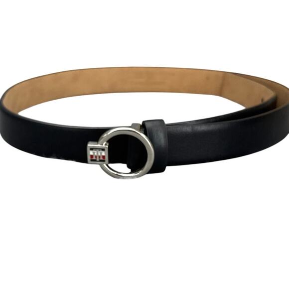Tommy Hilfiger Black Faux Leather Silver Circle Logo Buckle Belt Women Medium - Picture 1 of 8